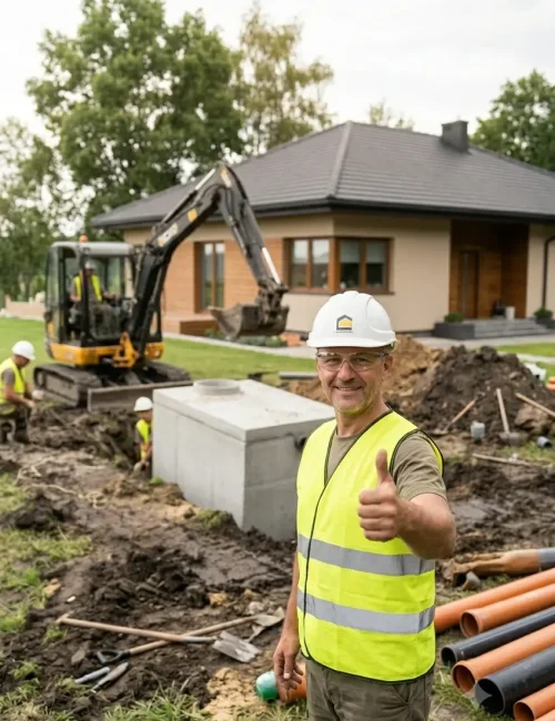 Robotnik stojący nad pracami budowlanymi przy szambie
